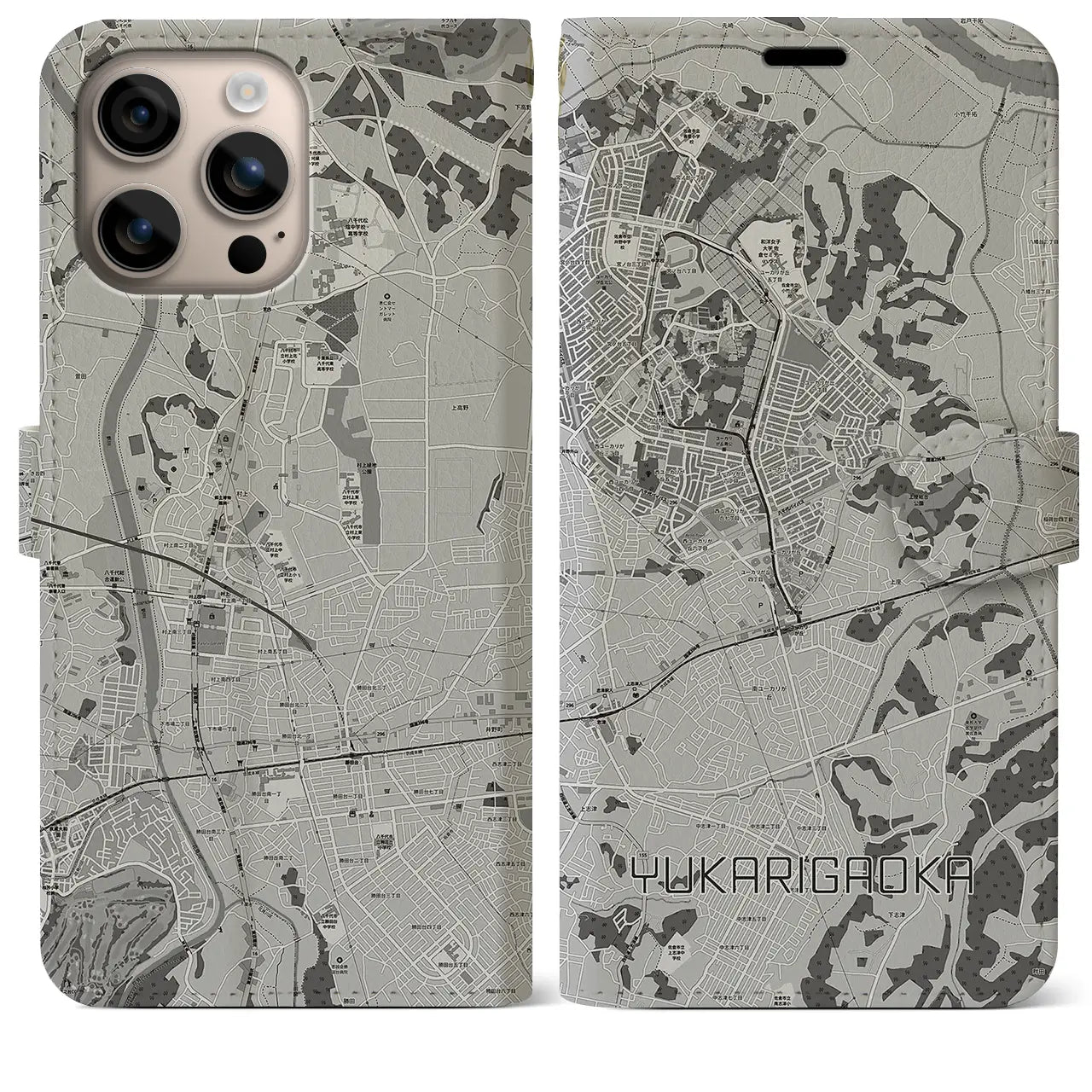【ユーカリが丘(千葉県)】地図柄iPhoneケース(手帳タイプ)モノトーン・iPhone 16 Plus 用