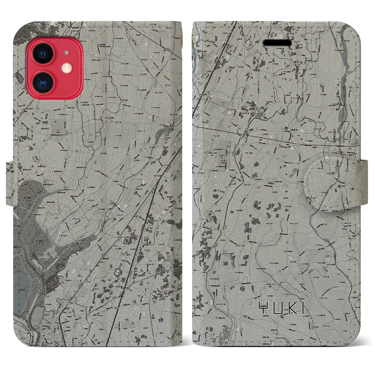 【結城(茨城県)】地図柄iPhoneケース(手帳タイプ)モノトーン・iPhone 11 用