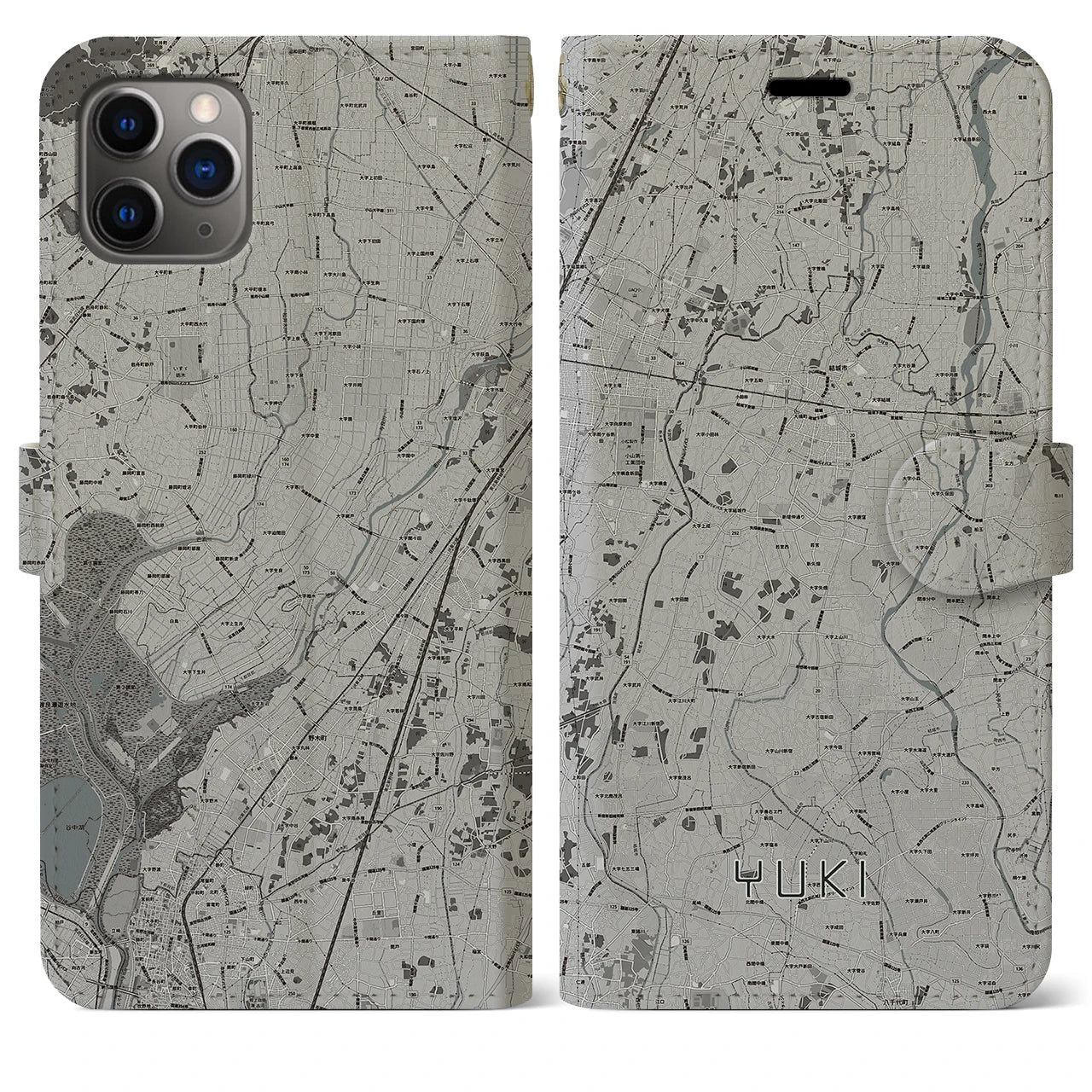 【結城(茨城県)】地図柄iPhoneケース(手帳タイプ)モノトーン・iPhone 11 Pro Max 用