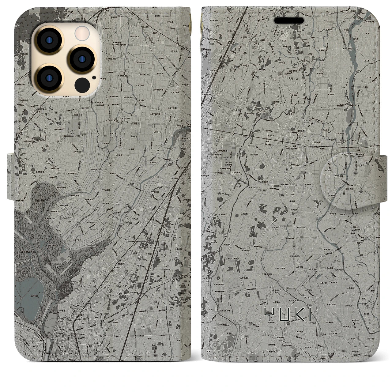 【結城(茨城県)】地図柄iPhoneケース(手帳タイプ)モノトーン・iPhone 12 Pro Max 用