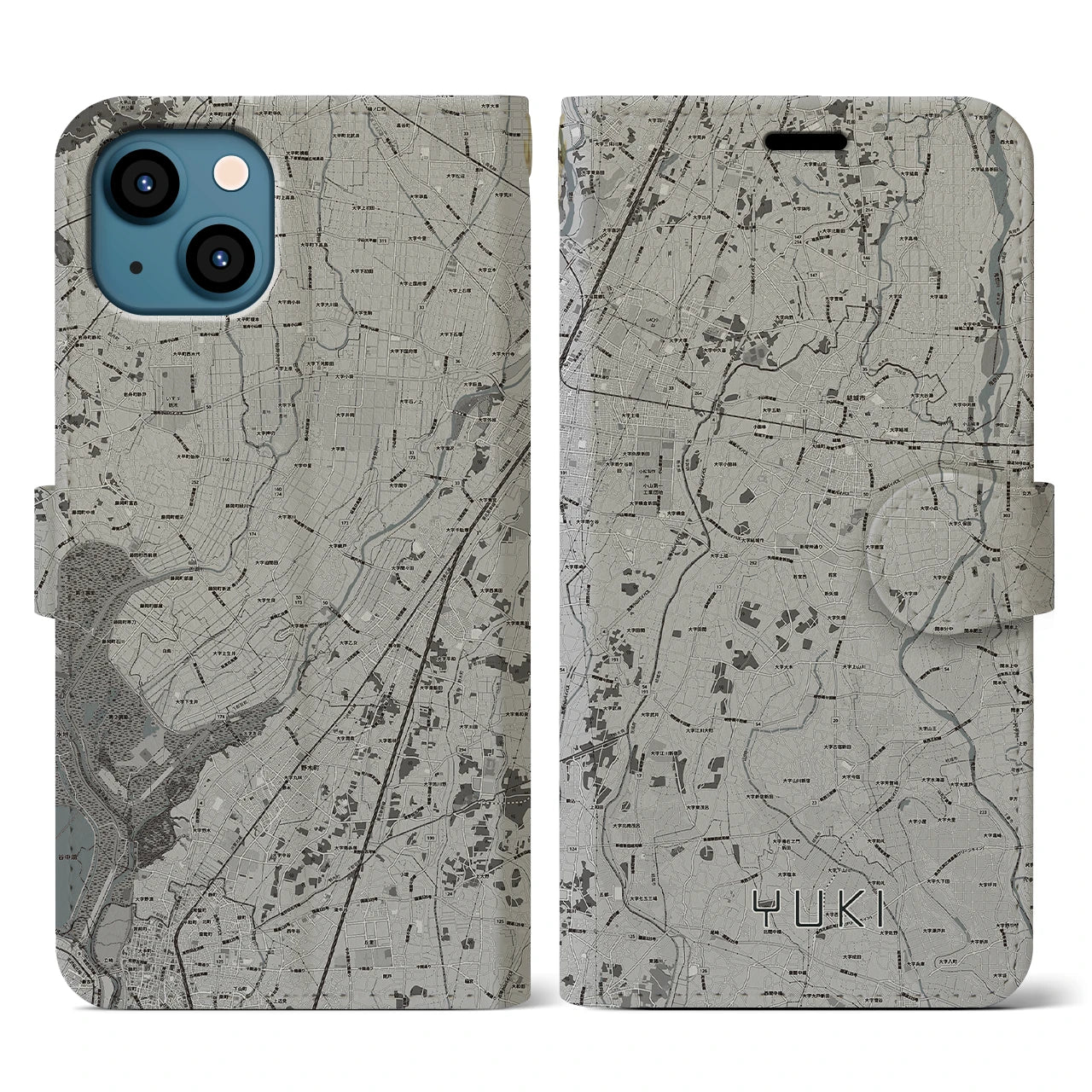 【結城(茨城県)】地図柄iPhoneケース(手帳タイプ)モノトーン・iPhone 13 用