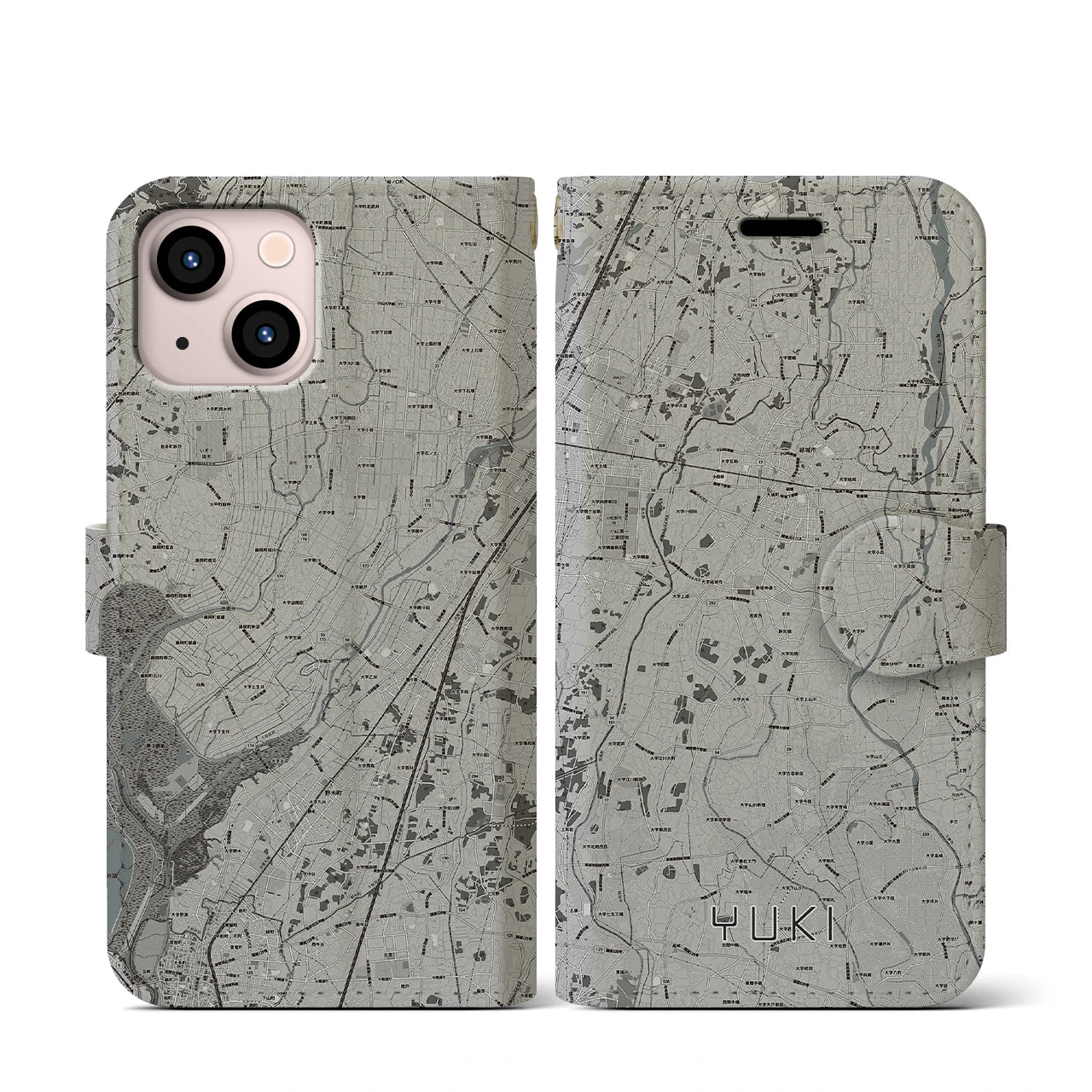 【結城(茨城県)】地図柄iPhoneケース(手帳タイプ)モノトーン・iPhone 13 mini 用