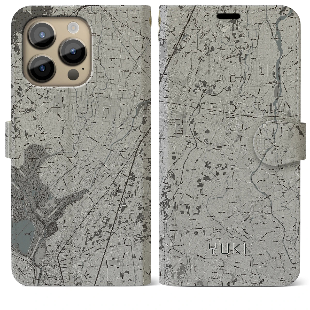 【結城(茨城県)】地図柄iPhoneケース(手帳タイプ)モノトーン・iPhone 14 Pro Max 用
