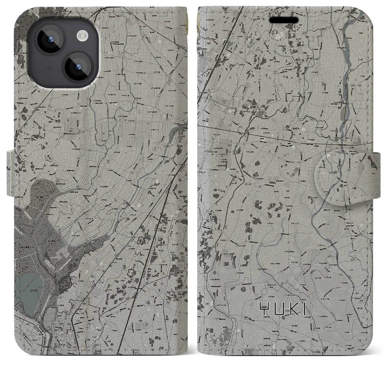 【結城(茨城県)】地図柄iPhoneケース(手帳タイプ)モノトーン・iPhone 14 Plus 用