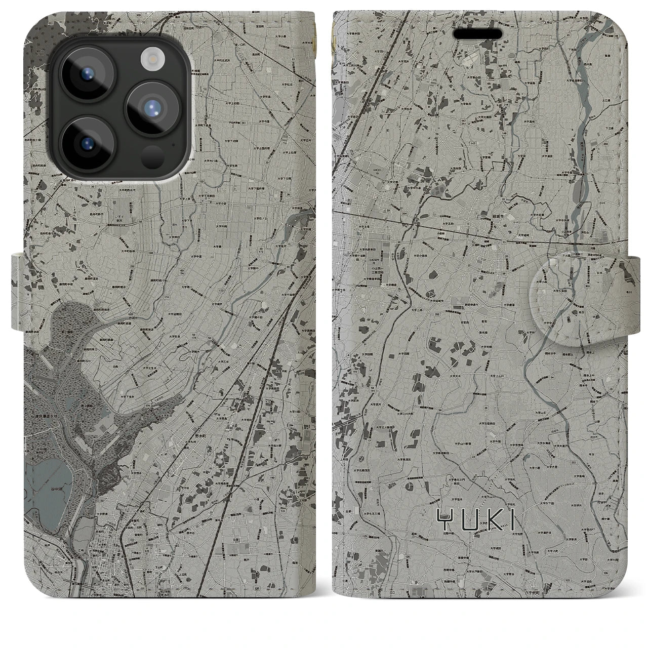 【結城(茨城県)】地図柄iPhoneケース(手帳タイプ)モノトーン・iPhone 15 Pro Max 用