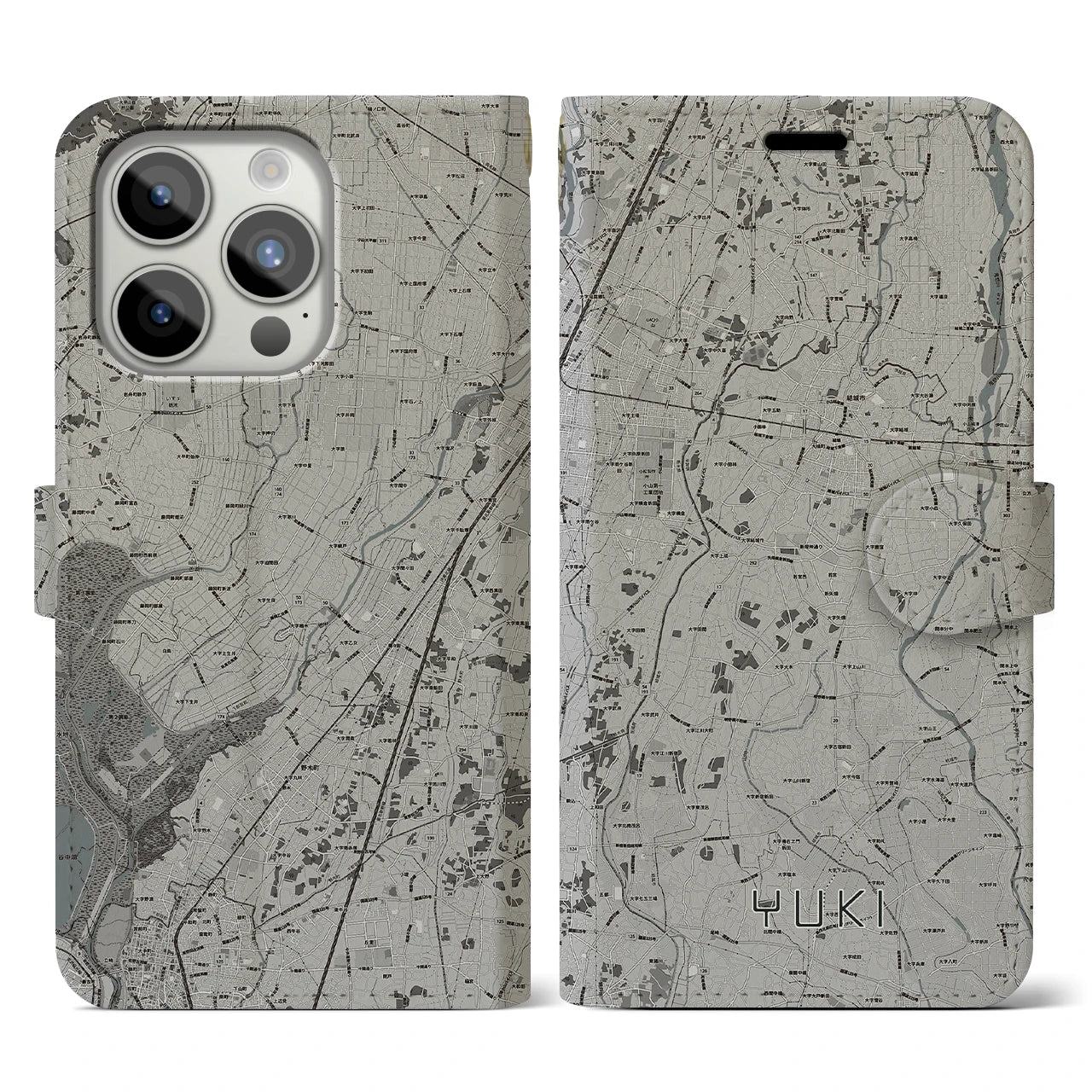 【結城(茨城県)】地図柄iPhoneケース(手帳タイプ)モノトーン・iPhone 15 Pro 用