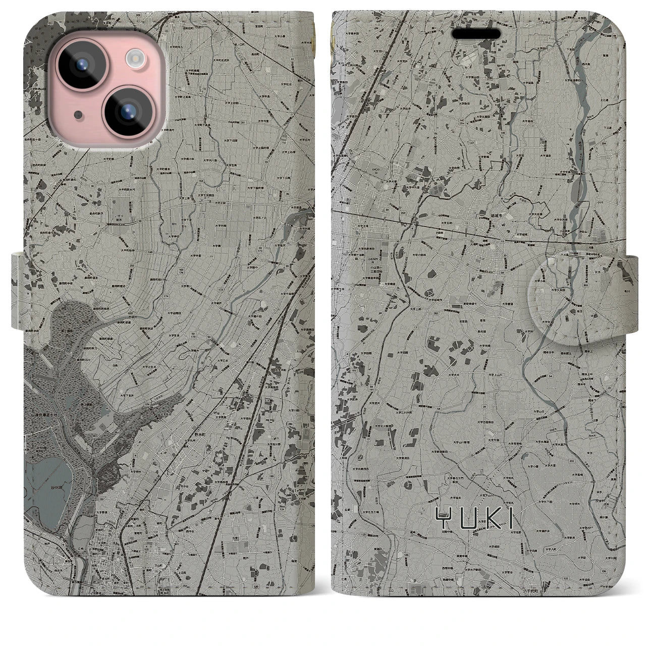 【結城(茨城県)】地図柄iPhoneケース(手帳タイプ)モノトーン・iPhone 15 Plus 用