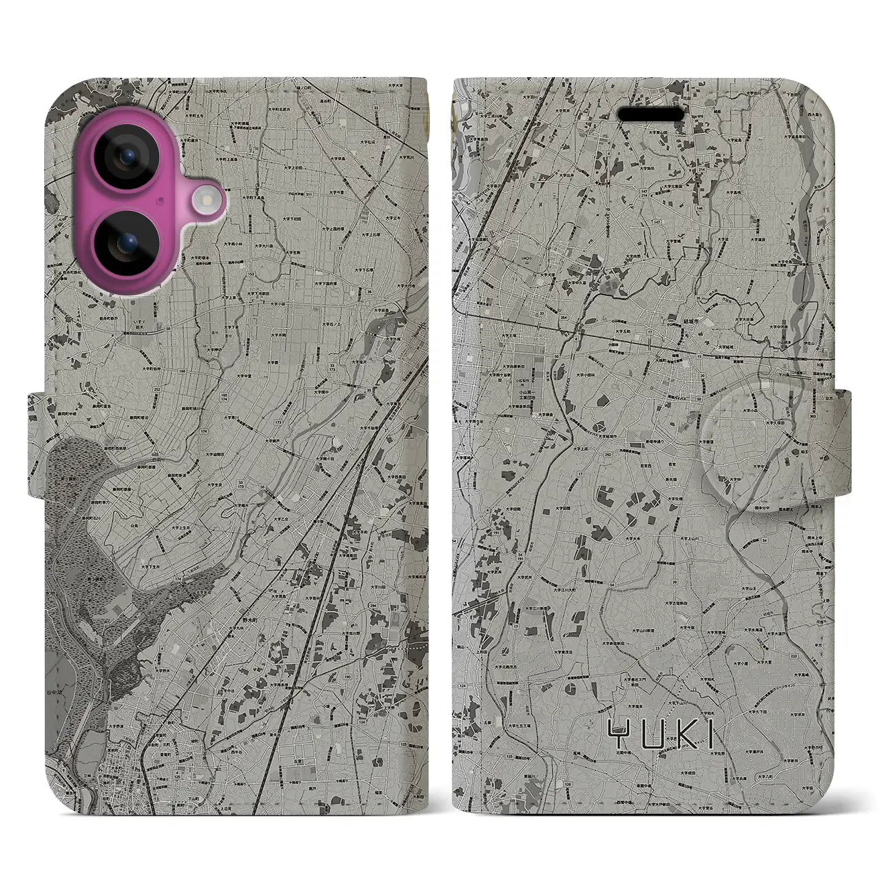 【結城(茨城県)】地図柄iPhoneケース(手帳タイプ)モノトーン・iPhone 16 Pro 用
