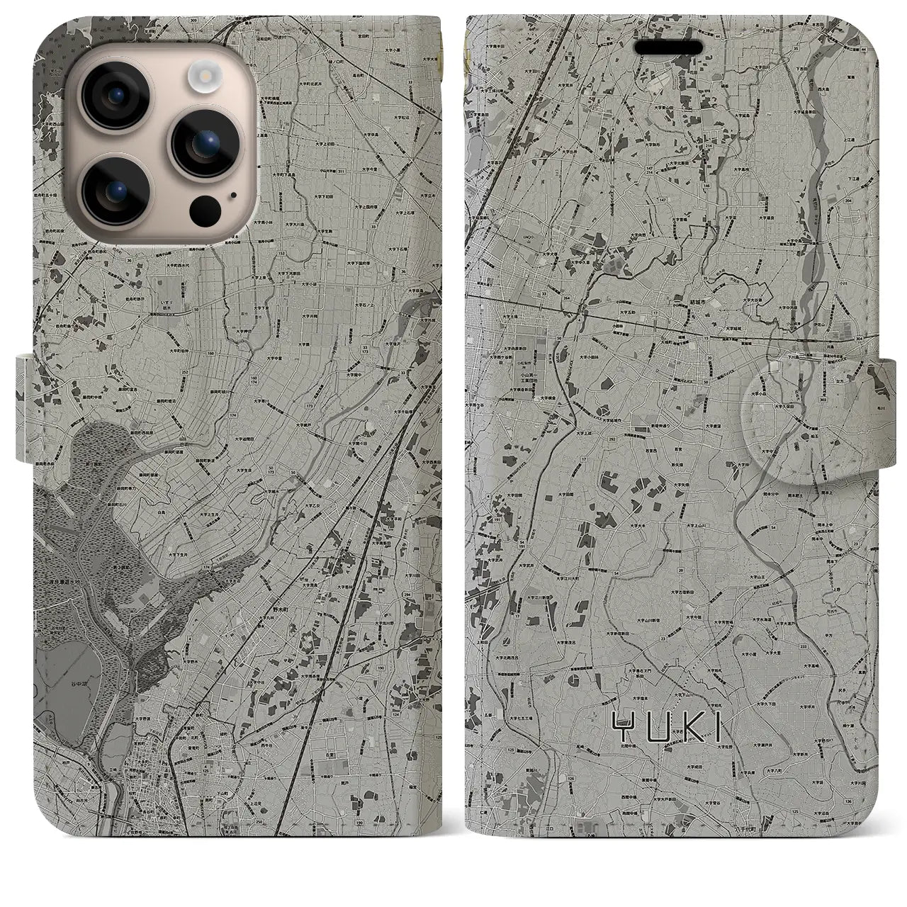 【結城(茨城県)】地図柄iPhoneケース(手帳タイプ)モノトーン・iPhone 16 Plus 用