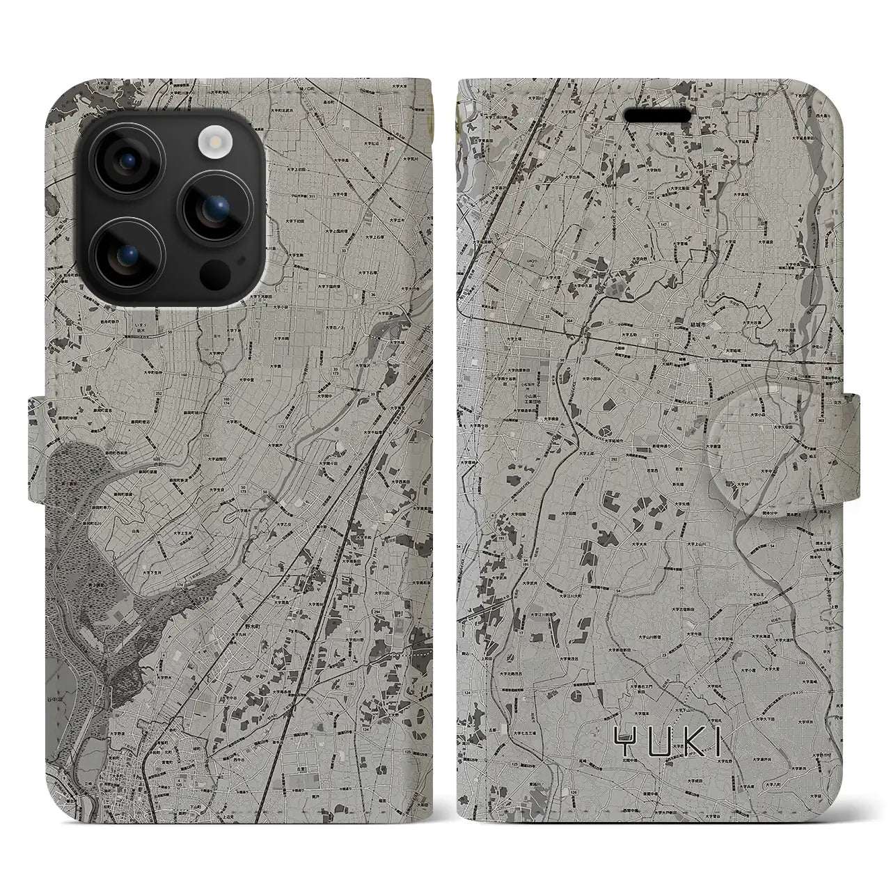 【結城(茨城県)】地図柄iPhoneケース(手帳タイプ)モノトーン・iPhone 16 用