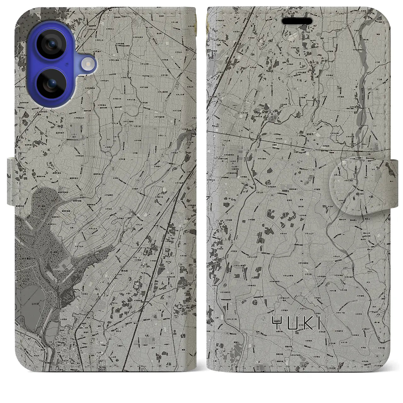 【結城(茨城県)】地図柄iPhoneケース(手帳タイプ)モノトーン・iPhone 16 Pro Max 用