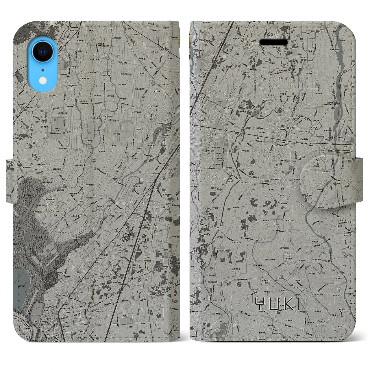【結城(茨城県)】地図柄iPhoneケース(手帳タイプ)モノトーン・iPhone XR 用
