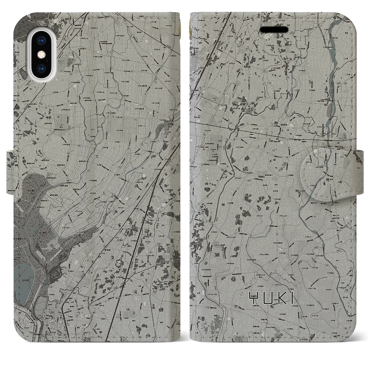 【結城(茨城県)】地図柄iPhoneケース(手帳タイプ)モノトーン・iPhone XS Max 用