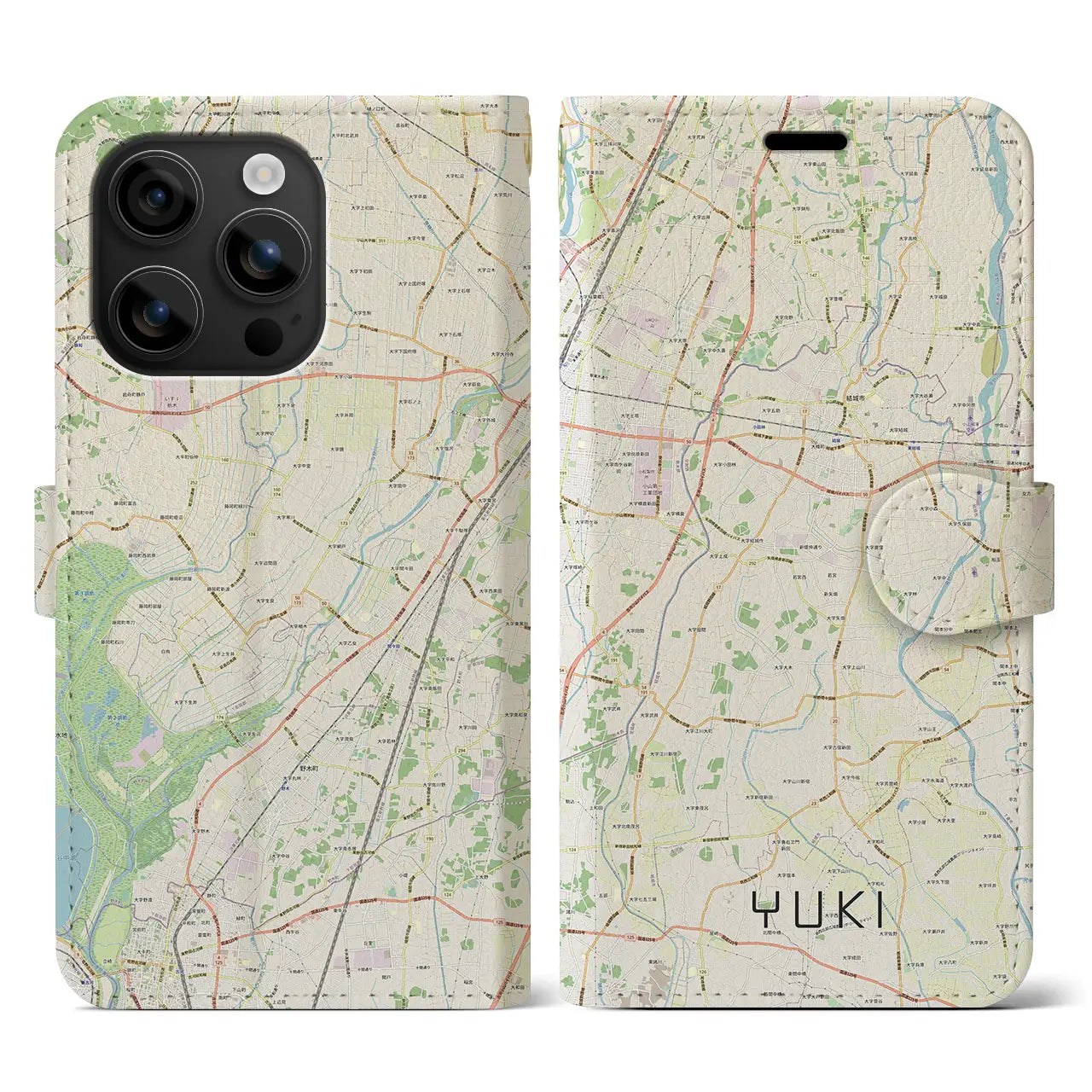 【結城(茨城県)】地図柄iPhoneケース(手帳タイプ)ナチュラル・iPhone 16 用