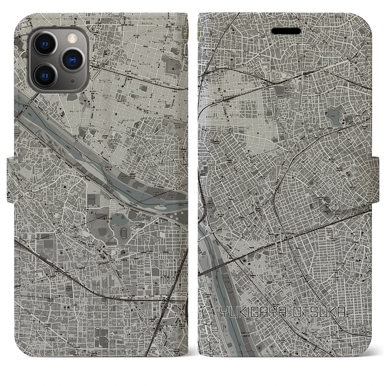 【雪が谷大塚(東京都)】地図柄iPhoneケース(手帳タイプ)モノトーン・iPhone 11 Pro Max 用