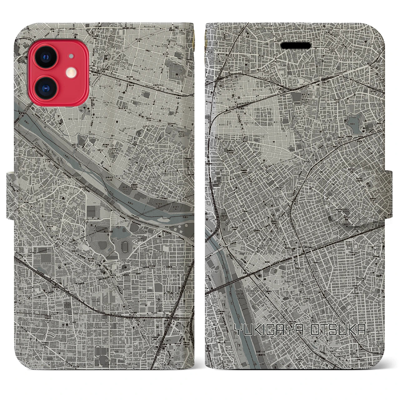 【雪が谷大塚(東京都)】地図柄iPhoneケース(手帳タイプ)モノトーン・iPhone 11 用