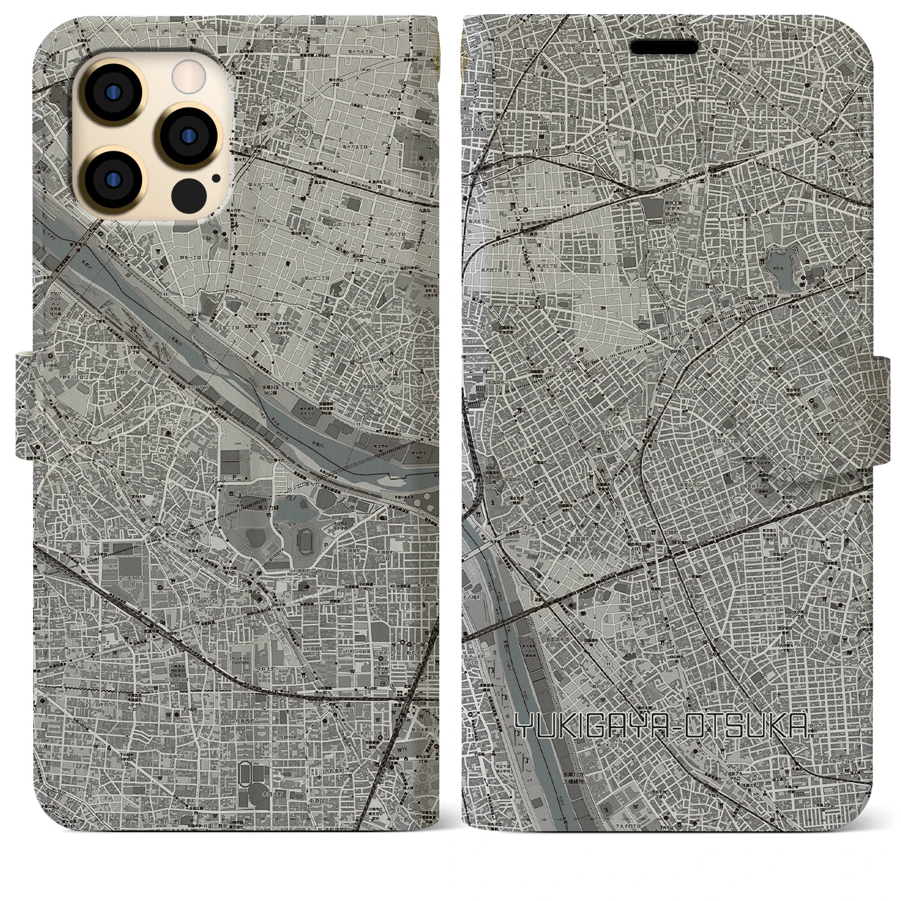 【雪が谷大塚(東京都)】地図柄iPhoneケース(手帳タイプ)モノトーン・iPhone 12 Pro Max 用