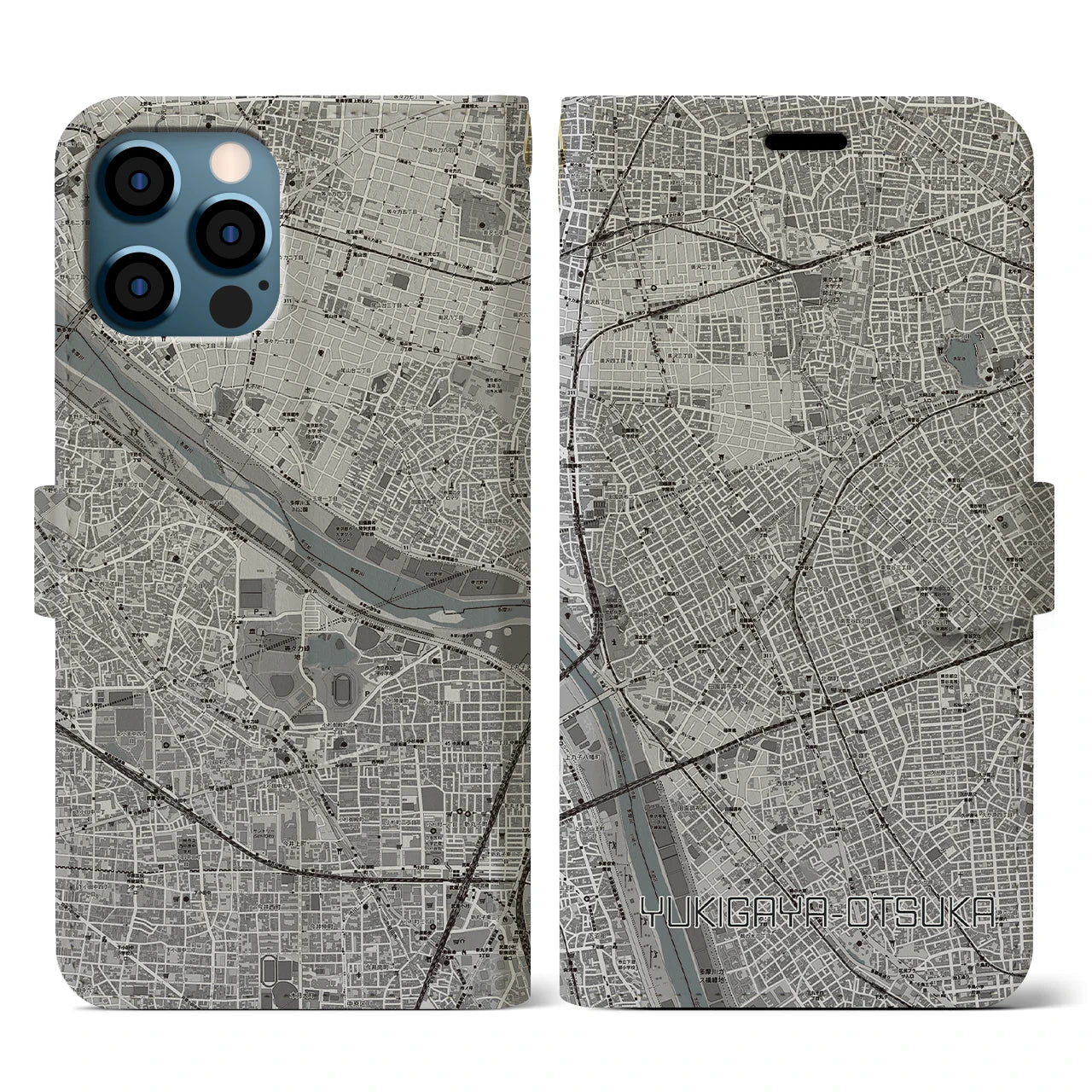 【雪が谷大塚(東京都)】地図柄iPhoneケース(手帳タイプ)モノトーン・iPhone 12 / 12 Pro 用