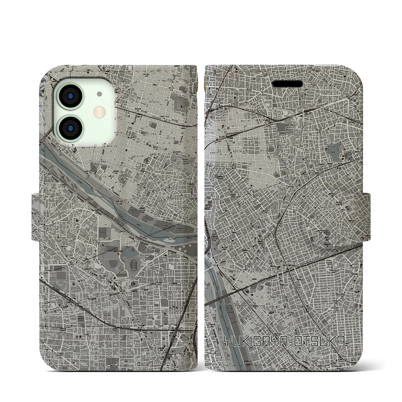 【雪が谷大塚(東京都)】地図柄iPhoneケース(手帳タイプ)モノトーン・iPhone 12 mini 用