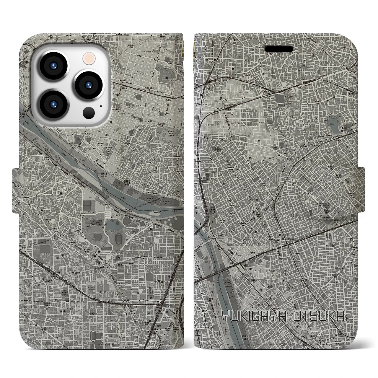【雪が谷大塚(東京都)】地図柄iPhoneケース(手帳タイプ)モノトーン・iPhone 13 Pro 用