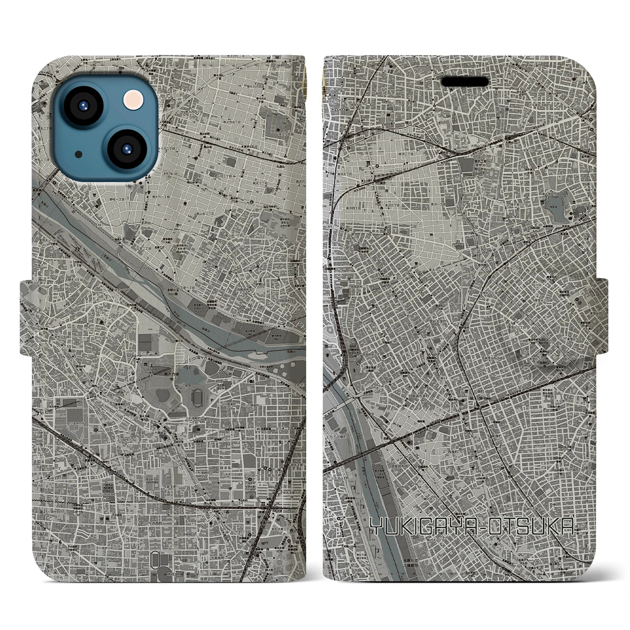 【雪が谷大塚(東京都)】地図柄iPhoneケース(手帳タイプ)モノトーン・iPhone 13 用