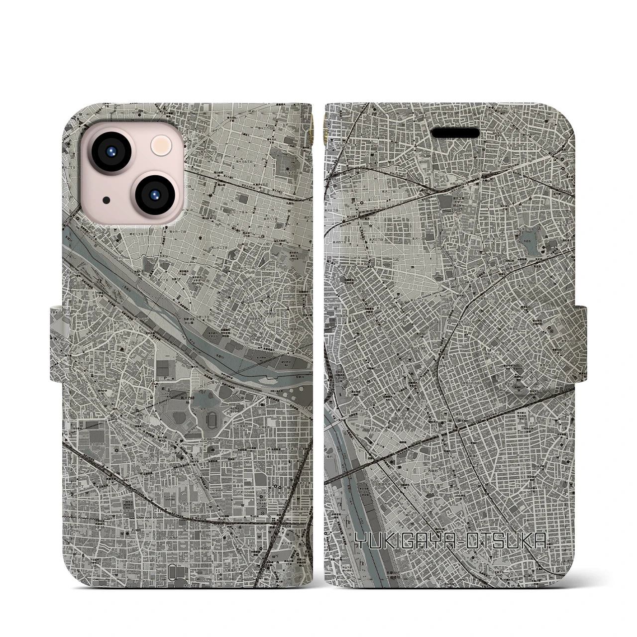 【雪が谷大塚(東京都)】地図柄iPhoneケース(手帳タイプ)モノトーン・iPhone 13 mini 用