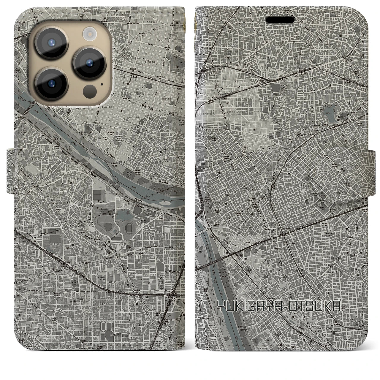 【雪が谷大塚(東京都)】地図柄iPhoneケース(手帳タイプ)モノトーン・iPhone 14 Pro Max 用