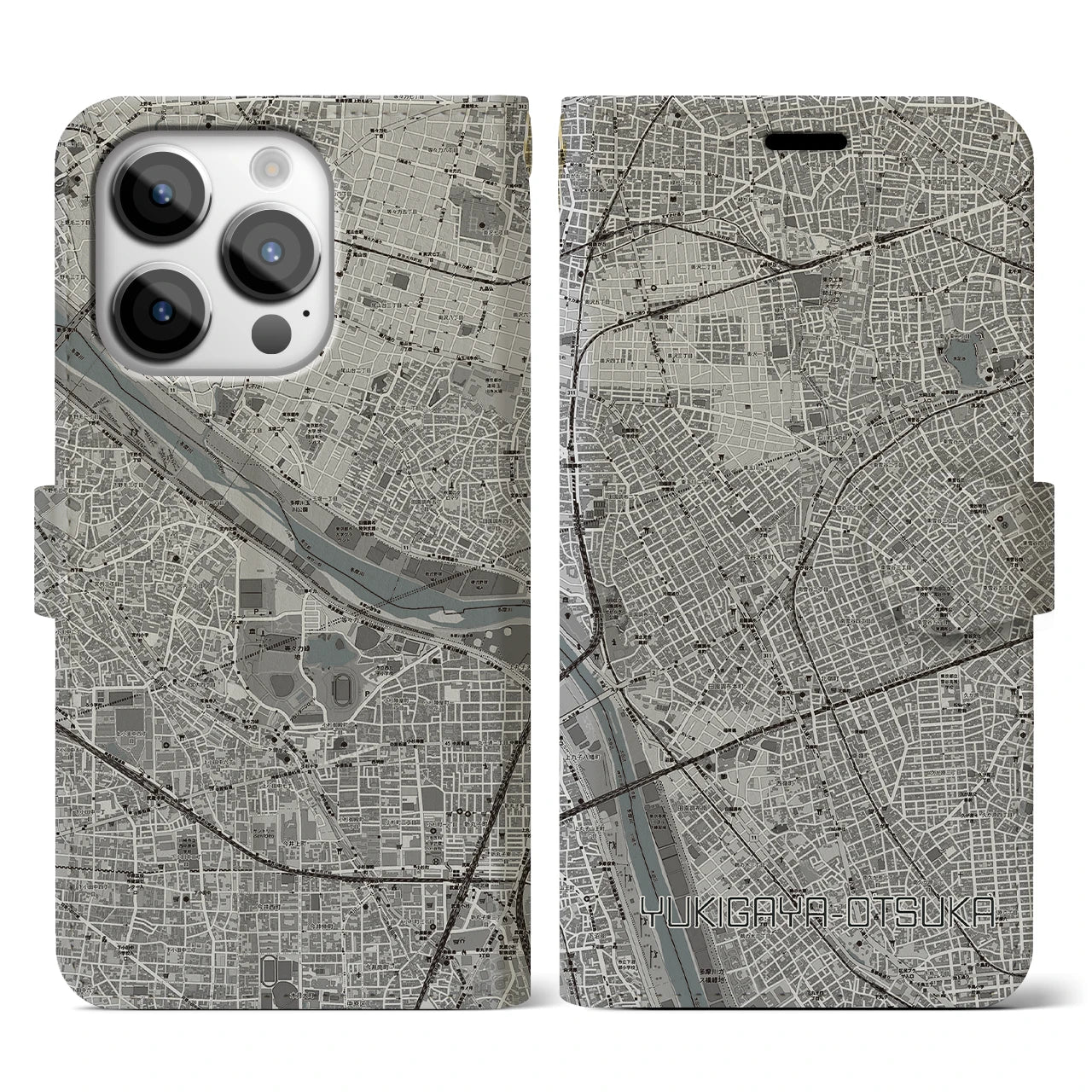 【雪が谷大塚(東京都)】地図柄iPhoneケース(手帳タイプ)モノトーン・iPhone 14 Pro 用