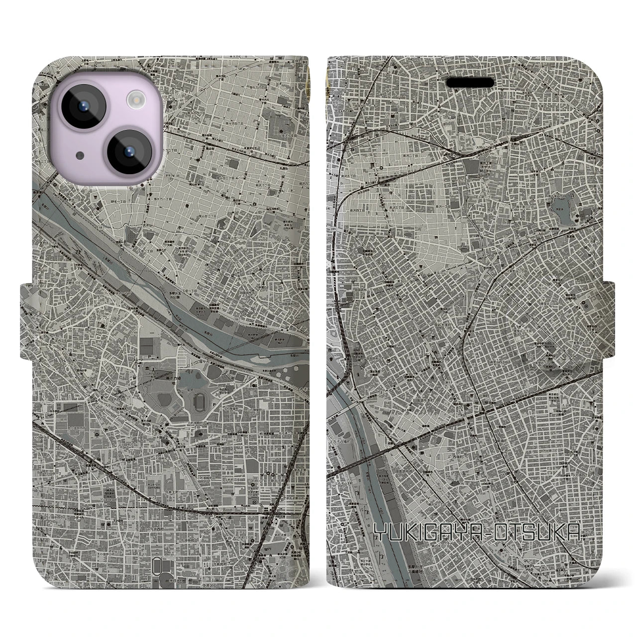 【雪が谷大塚(東京都)】地図柄iPhoneケース(手帳タイプ)モノトーン・iPhone 14 用