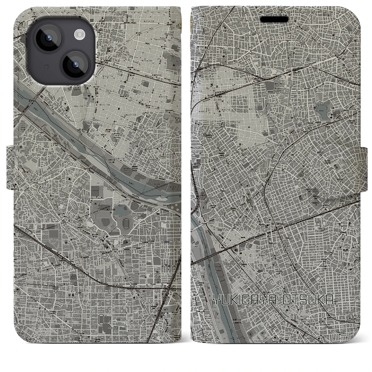 【雪が谷大塚(東京都)】地図柄iPhoneケース(手帳タイプ)モノトーン・iPhone 14 Plus 用