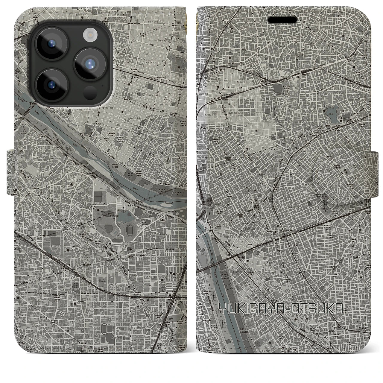 【雪が谷大塚(東京都)】地図柄iPhoneケース(手帳タイプ)モノトーン・iPhone 15 Pro Max 用