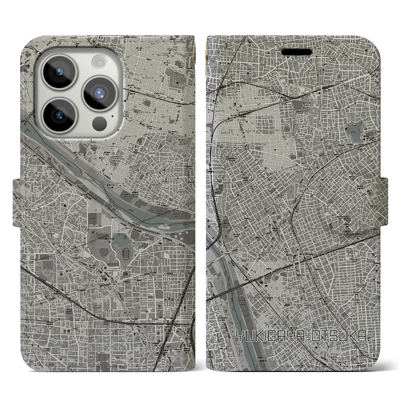 【雪が谷大塚(東京都)】地図柄iPhoneケース(手帳タイプ)モノトーン・iPhone 15 Pro 用