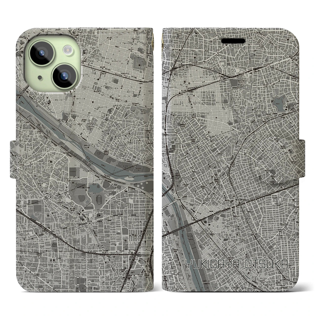 【雪が谷大塚(東京都)】地図柄iPhoneケース(手帳タイプ)モノトーン・iPhone 15 用