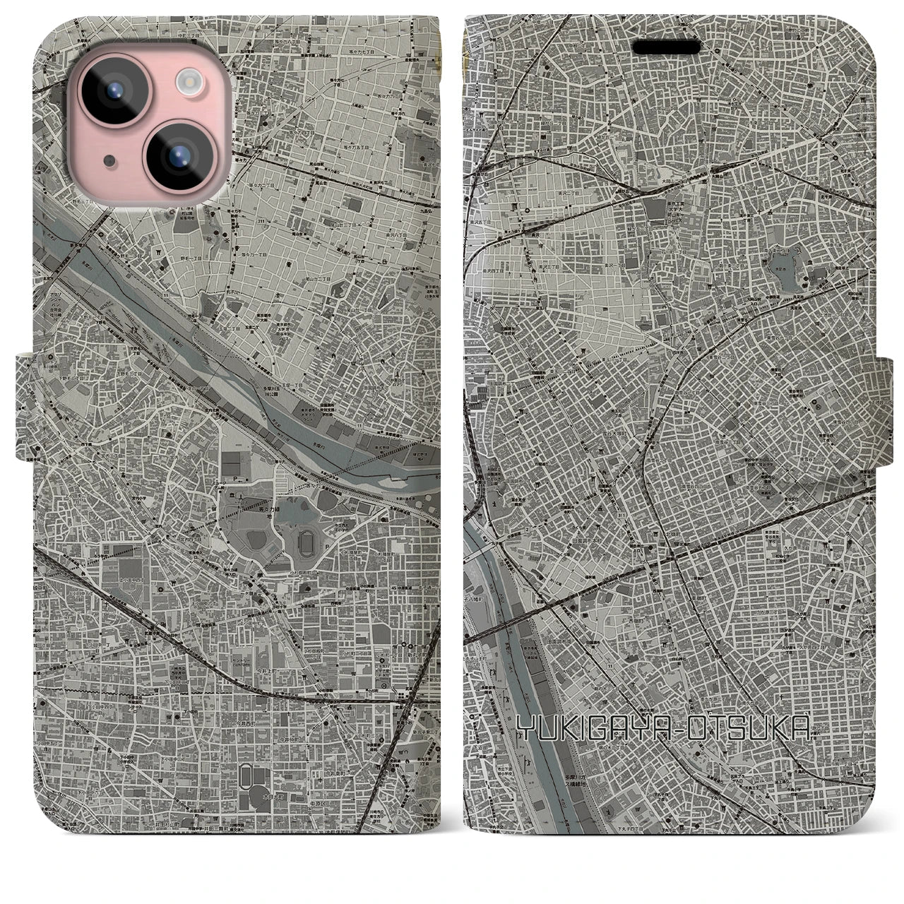 【雪が谷大塚(東京都)】地図柄iPhoneケース(手帳タイプ)モノトーン・iPhone 15 Plus 用