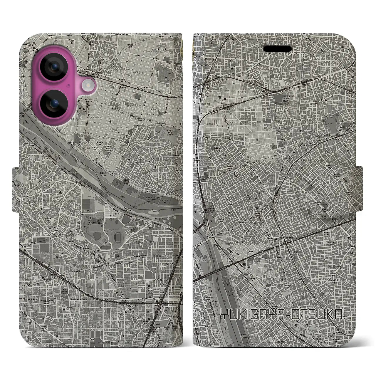 【雪が谷大塚(東京都)】地図柄iPhoneケース(手帳タイプ)モノトーン・iPhone 16 Pro 用