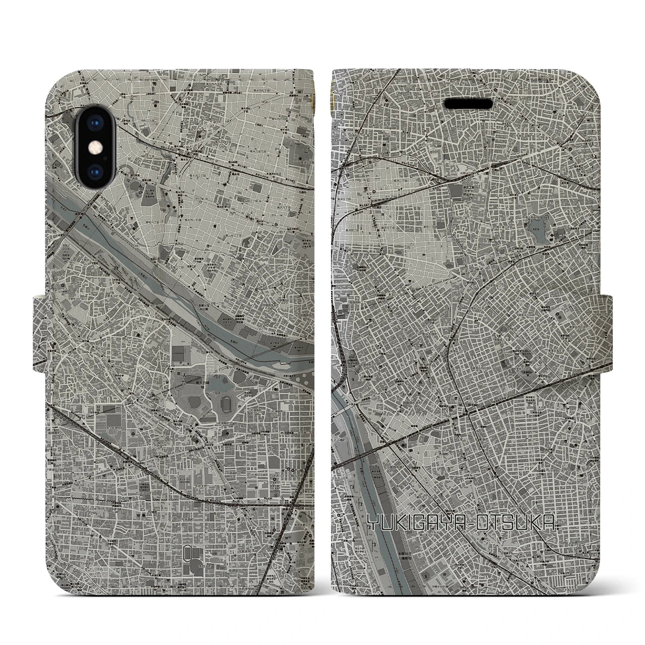 【雪が谷大塚(東京都)】地図柄iPhoneケース(手帳タイプ)モノトーン・iPhone XS / X 用
