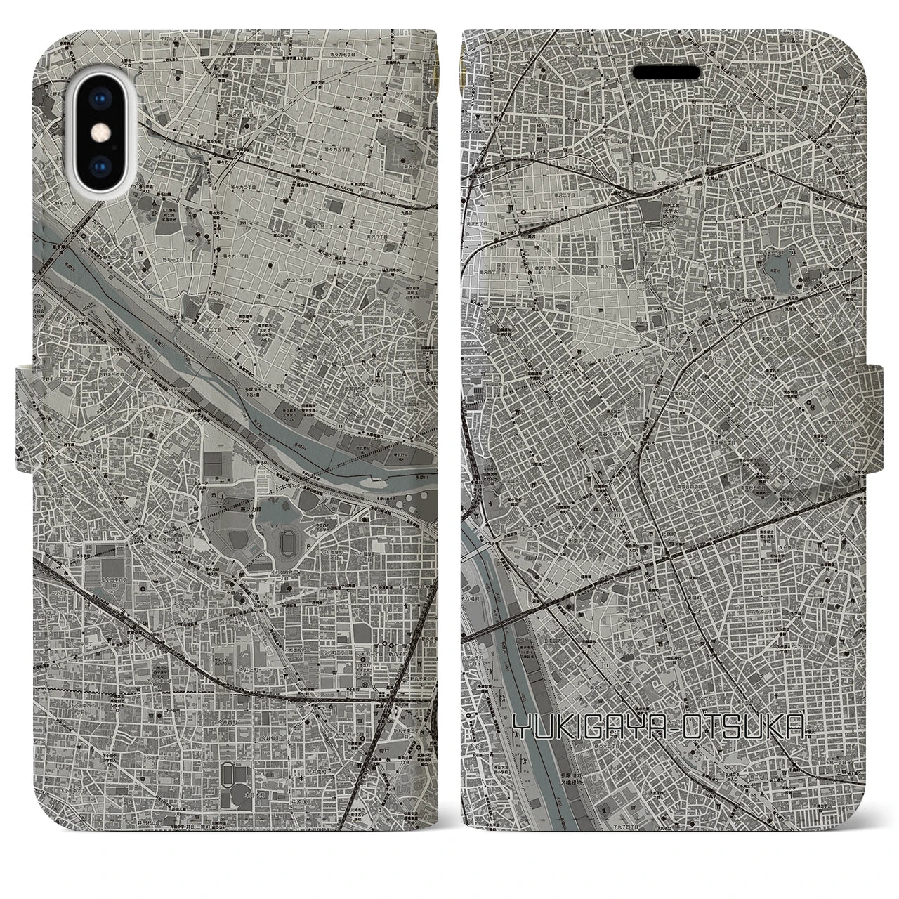 【雪が谷大塚(東京都)】地図柄iPhoneケース(手帳タイプ)モノトーン・iPhone XS Max 用