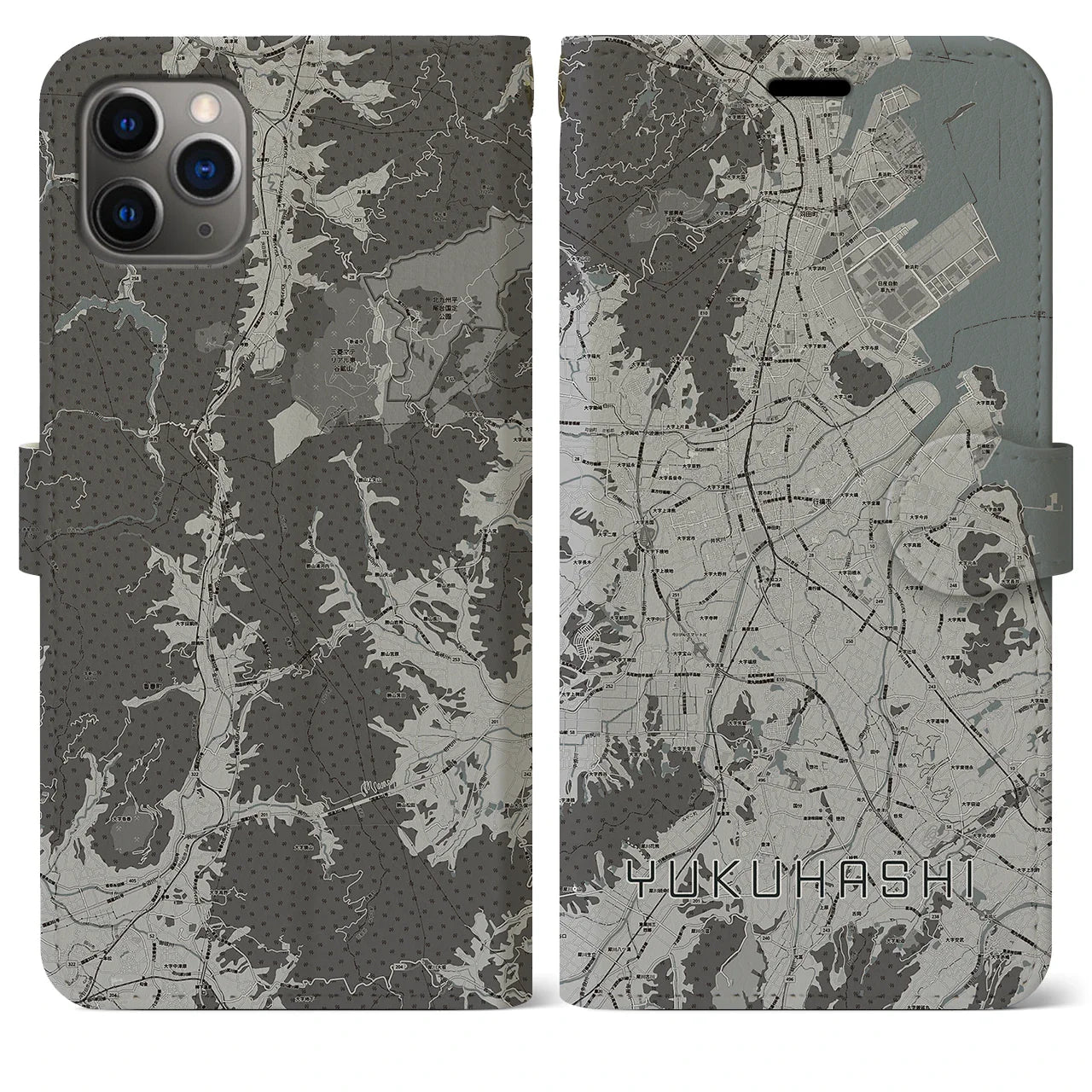 【行橋(福岡県)】地図柄iPhoneケース(手帳タイプ)モノトーン・iPhone 11 Pro Max 用