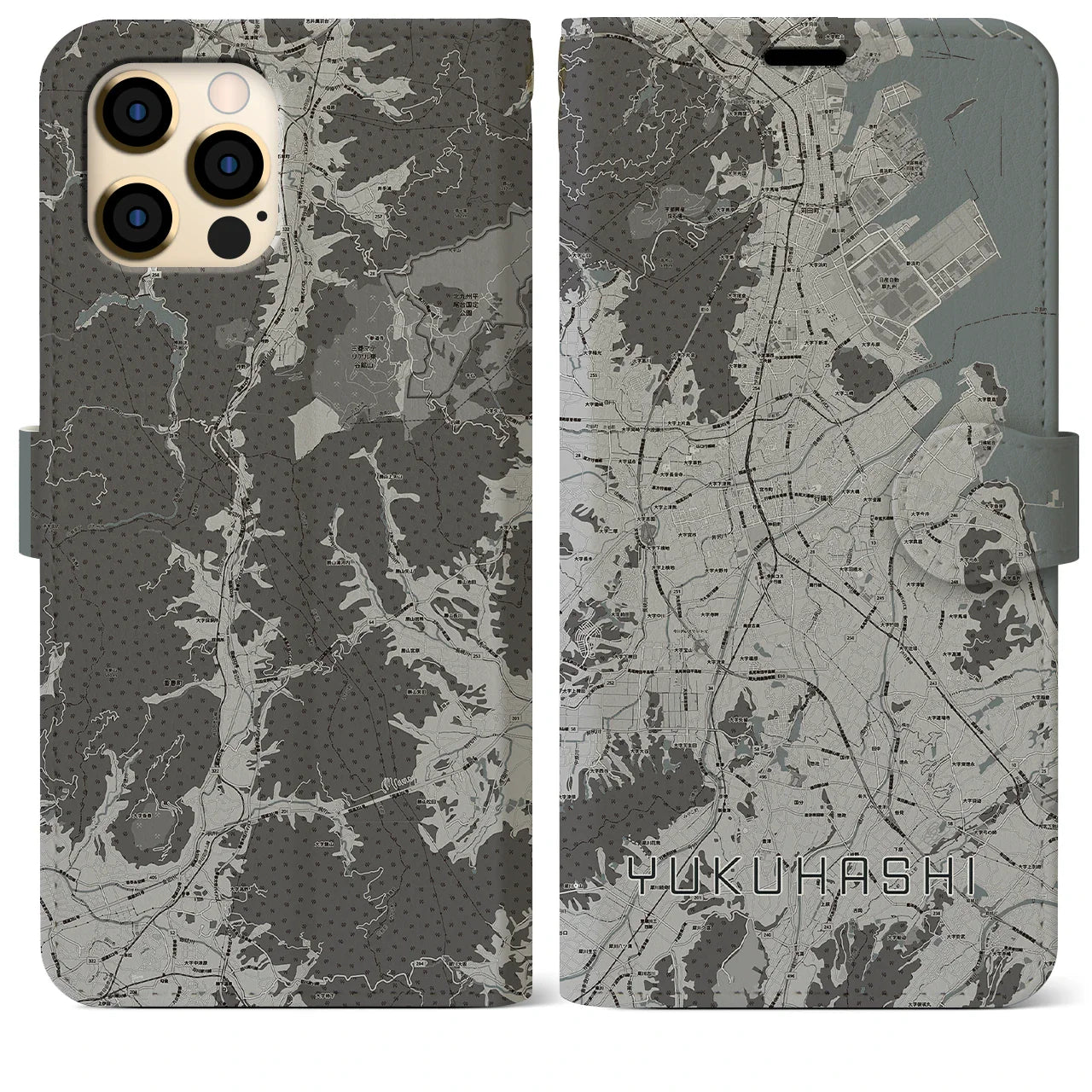 【行橋(福岡県)】地図柄iPhoneケース(手帳タイプ)モノトーン・iPhone 12 Pro Max 用
