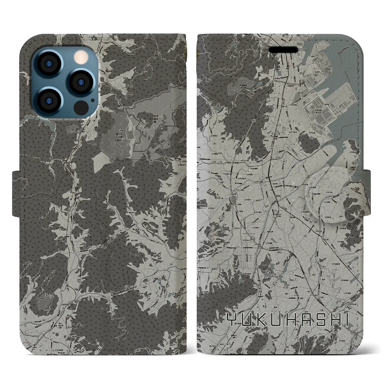 【行橋(福岡県)】地図柄iPhoneケース(手帳タイプ)モノトーン・iPhone 12 / 12 Pro 用