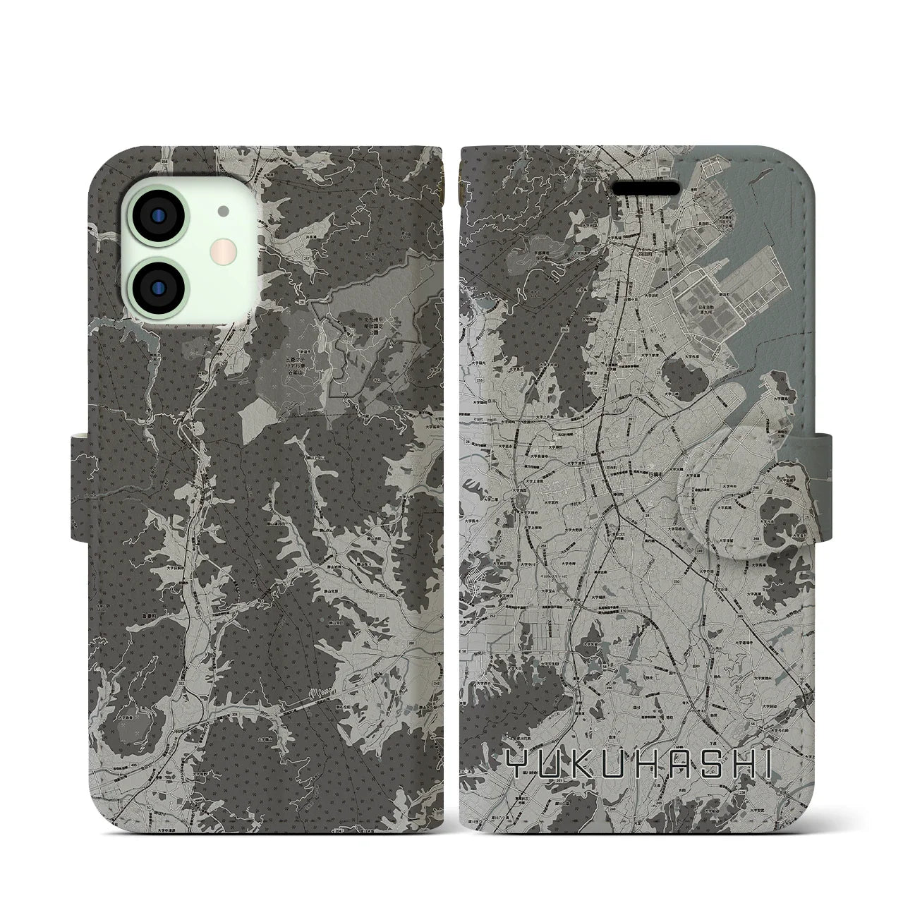 【行橋(福岡県)】地図柄iPhoneケース(手帳タイプ)モノトーン・iPhone 12 mini 用