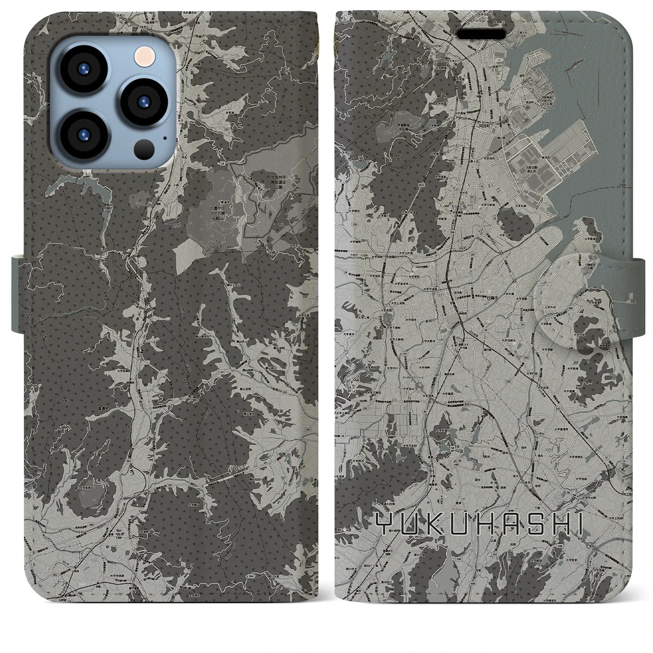 【行橋(福岡県)】地図柄iPhoneケース(手帳タイプ)モノトーン・iPhone 13 Pro Max 用