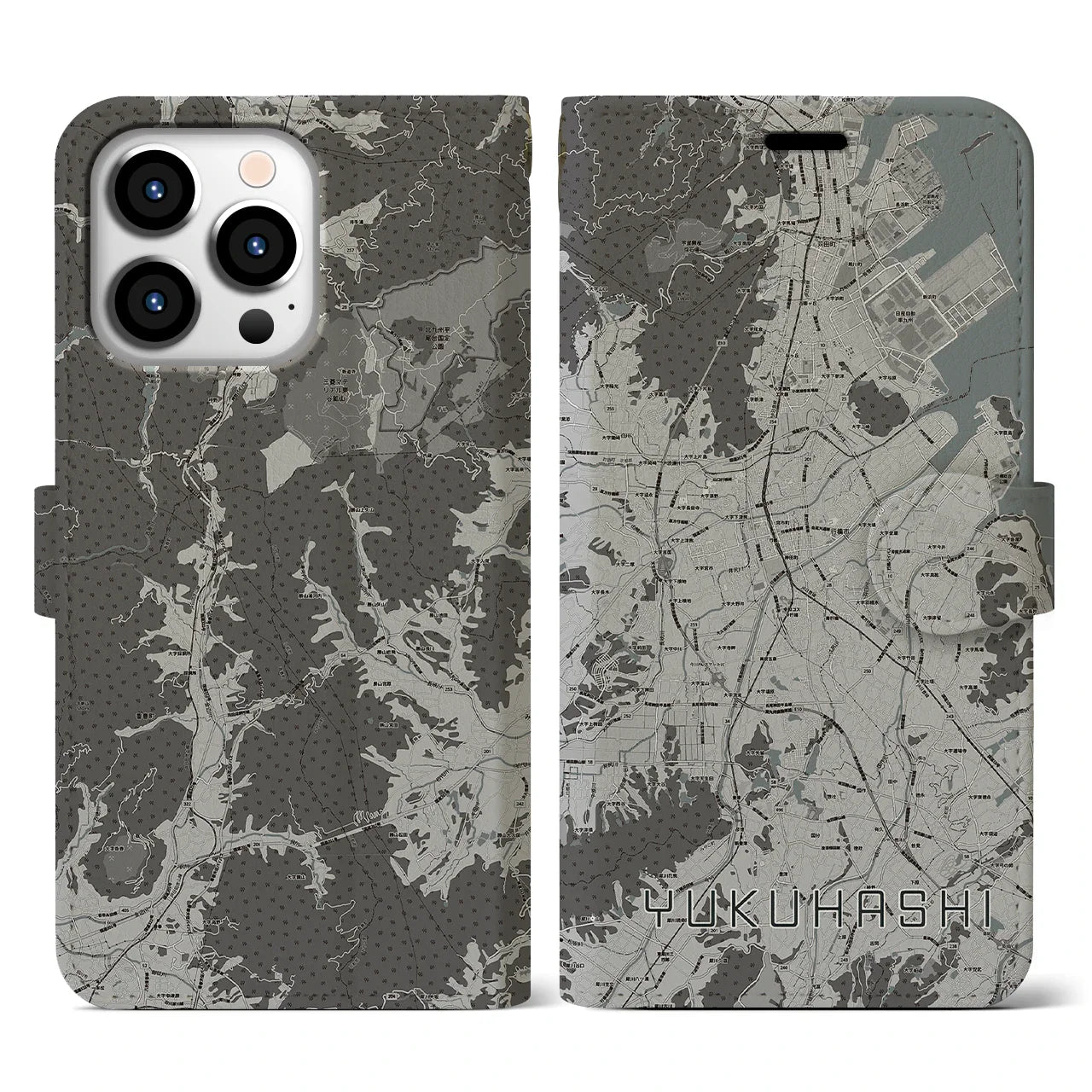 【行橋(福岡県)】地図柄iPhoneケース(手帳タイプ)モノトーン・iPhone 13 Pro 用