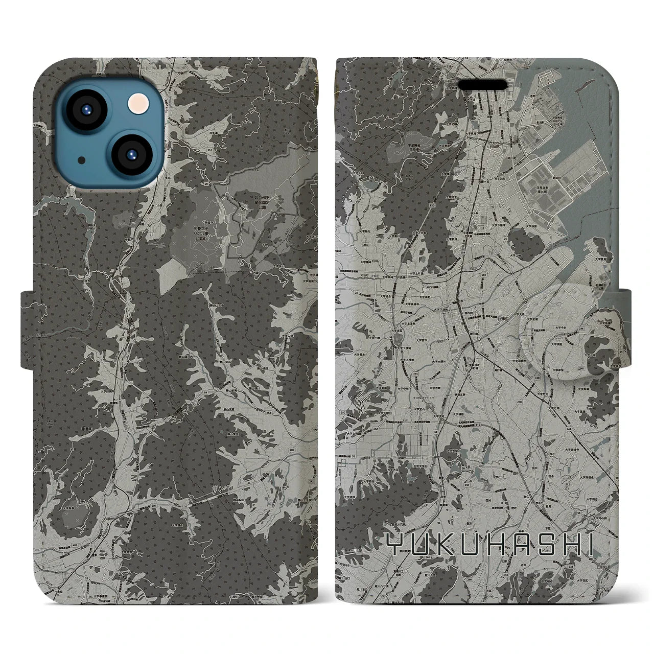 【行橋(福岡県)】地図柄iPhoneケース(手帳タイプ)モノトーン・iPhone 13 用