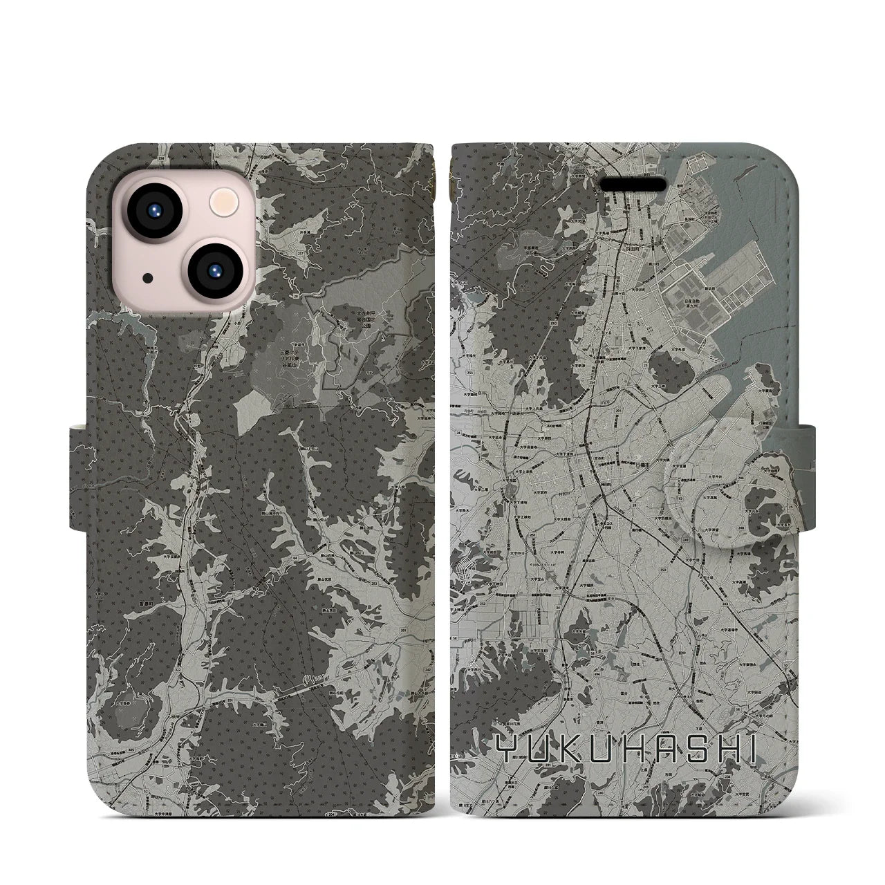 【行橋(福岡県)】地図柄iPhoneケース(手帳タイプ)モノトーン・iPhone 13 mini 用