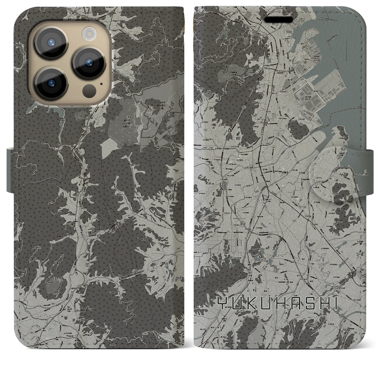 【行橋(福岡県)】地図柄iPhoneケース(手帳タイプ)モノトーン・iPhone 14 Pro Max 用