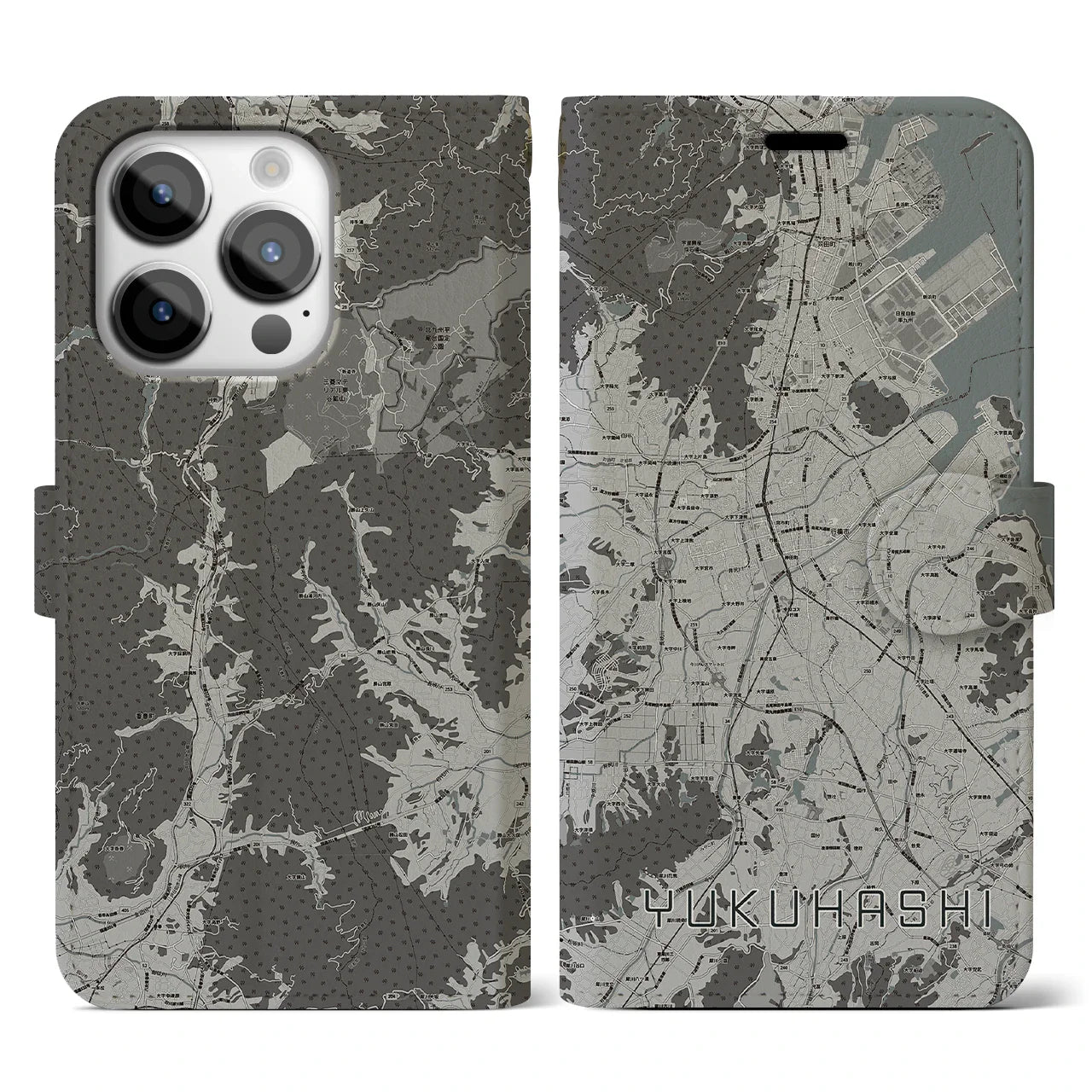 【行橋(福岡県)】地図柄iPhoneケース(手帳タイプ)モノトーン・iPhone 14 Pro 用