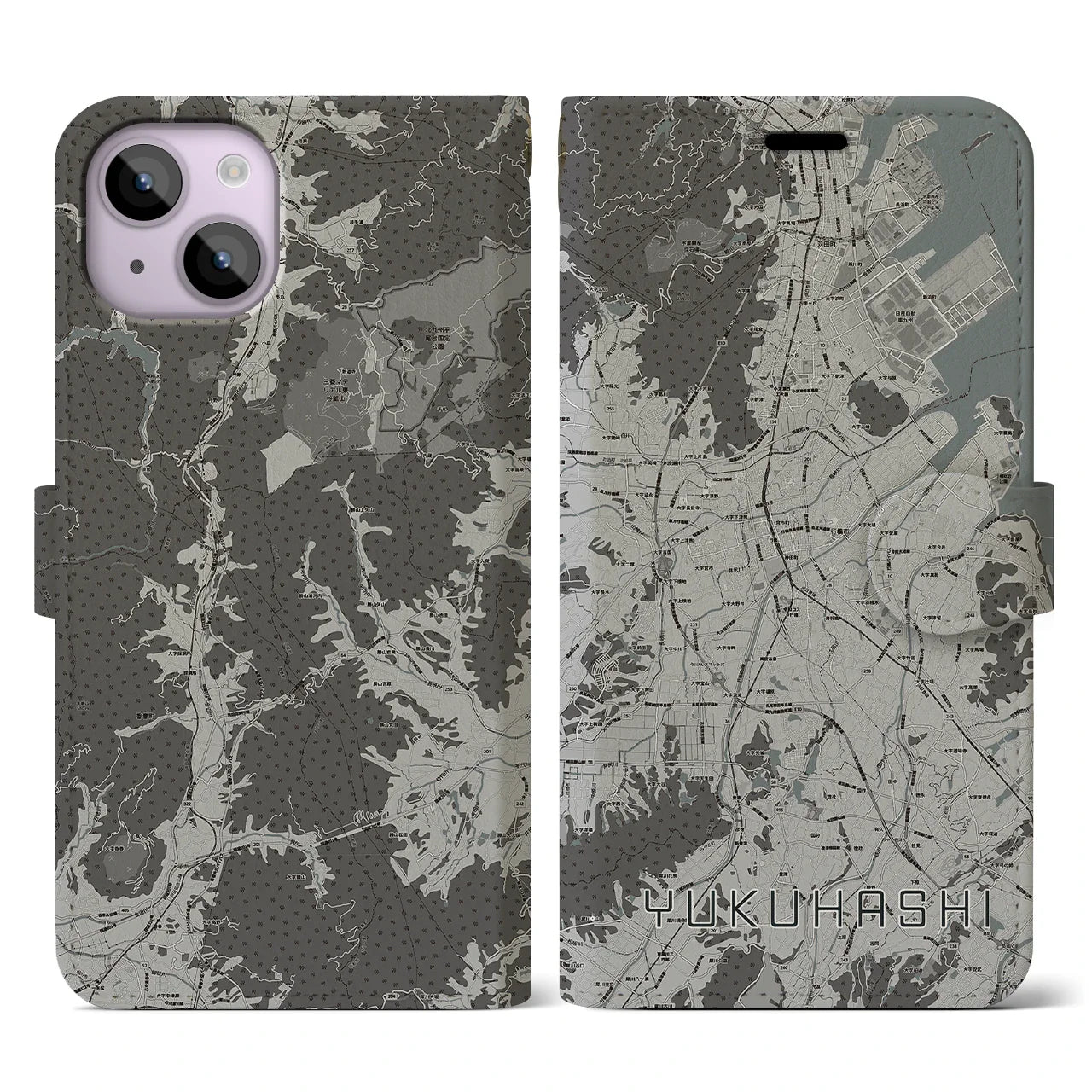 【行橋(福岡県)】地図柄iPhoneケース(手帳タイプ)モノトーン・iPhone 14 用