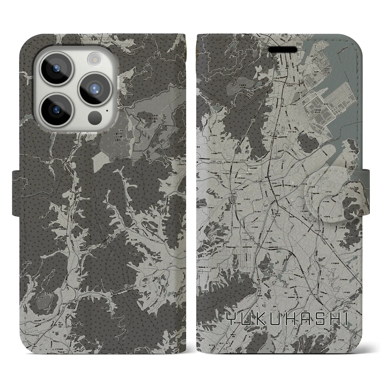 【行橋(福岡県)】地図柄iPhoneケース(手帳タイプ)モノトーン・iPhone 15 Pro 用
