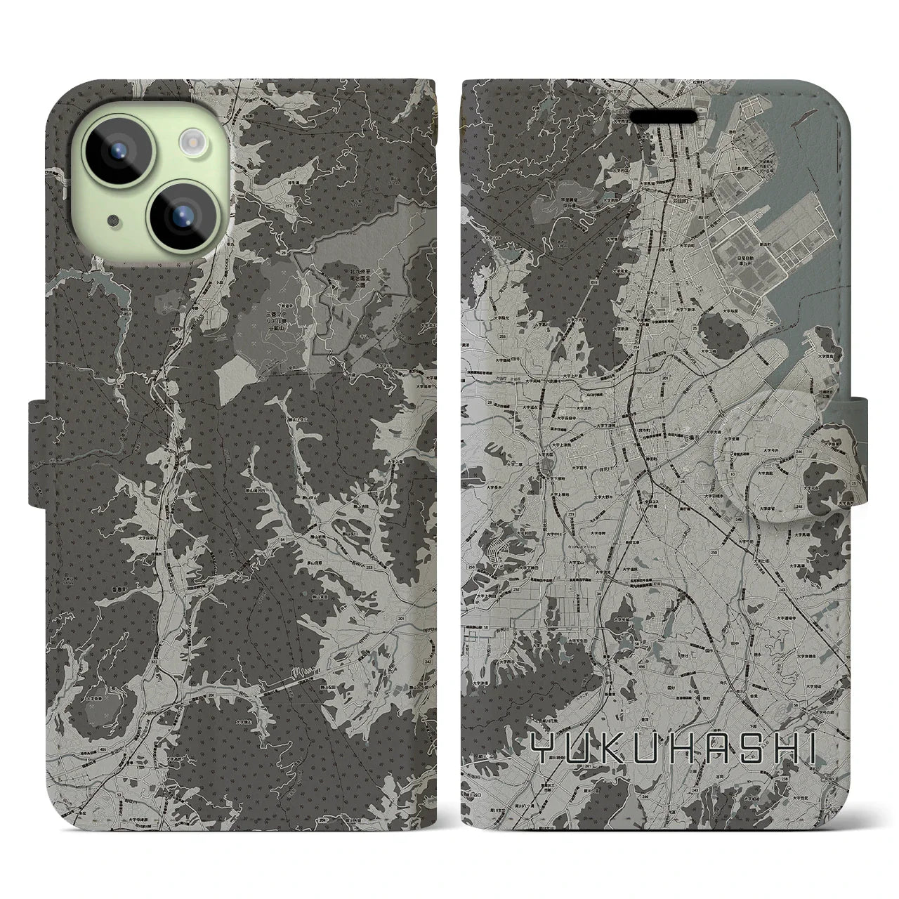 【行橋(福岡県)】地図柄iPhoneケース(手帳タイプ)モノトーン・iPhone 15 用